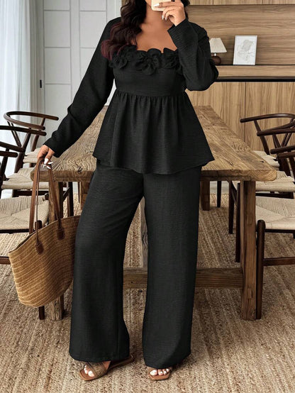 Breezaya 2pcs Plus Size Women Square Neck Ruffle Hem Floral Decor Long Sleeve Top And Pants Set Fall/Winter