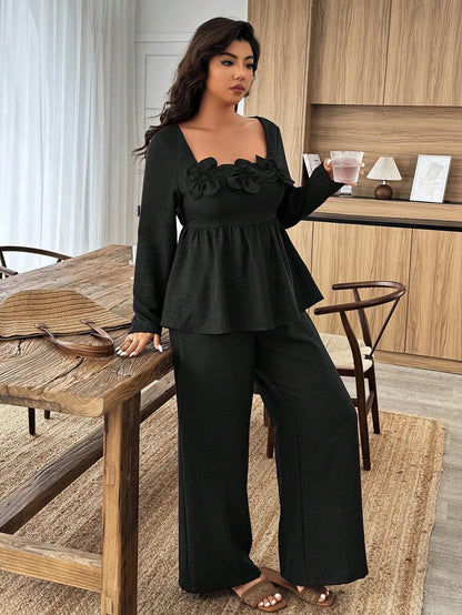 Breezaya 2pcs Plus Size Women Square Neck Ruffle Hem Floral Decor Long Sleeve Top And Pants Set Fall/Winter