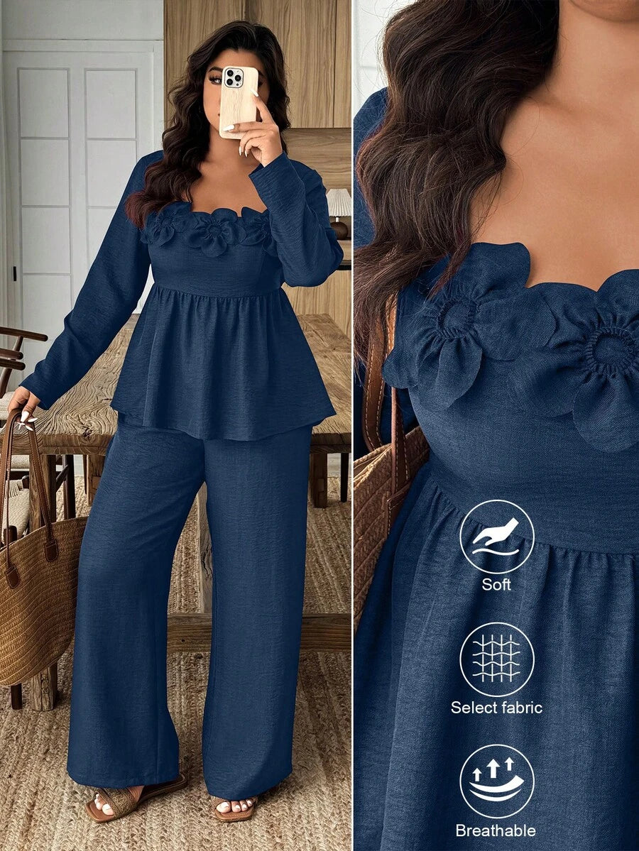 Breezaya 2pcs Plus Size Women Square Neck Ruffle Hem Floral Decor Long Sleeve Top And Pants Set Fall/Winter