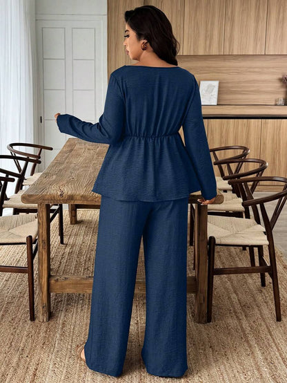 Breezaya 2pcs Plus Size Women Square Neck Ruffle Hem Floral Decor Long Sleeve Top And Pants Set Fall/Winter