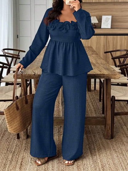 Breezaya 2pcs Plus Size Women Square Neck Ruffle Hem Floral Decor Long Sleeve Top And Pants Set Fall/Winter