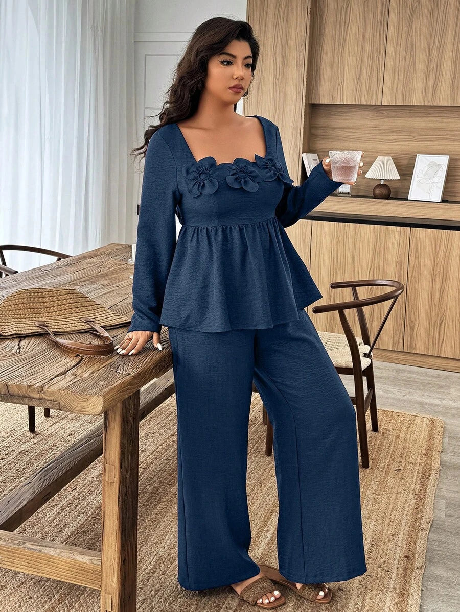Breezaya 2pcs Plus Size Women Square Neck Ruffle Hem Floral Decor Long Sleeve Top And Pants Set Fall/Winter