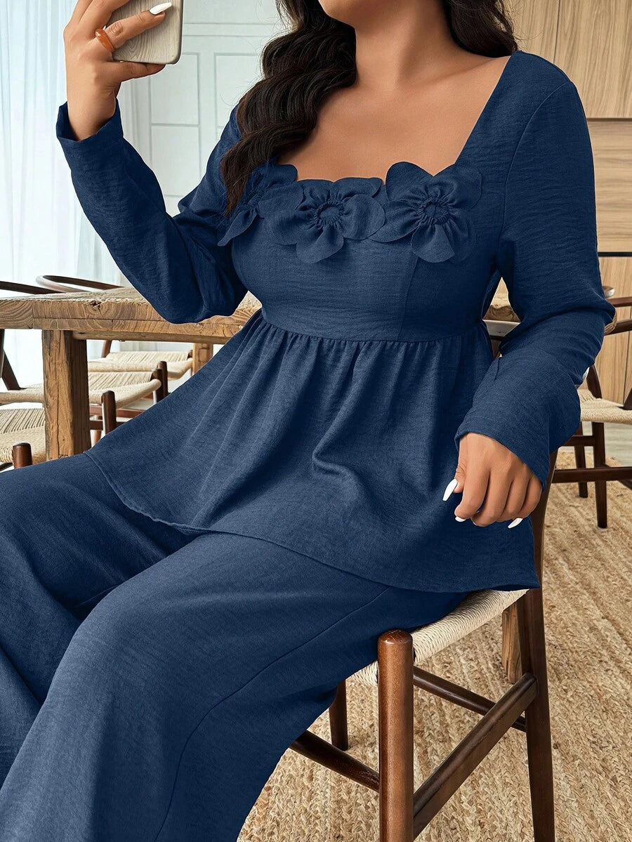 Breezaya 2pcs Plus Size Women Square Neck Ruffle Hem Floral Decor Long Sleeve Top And Pants Set Fall/Winter