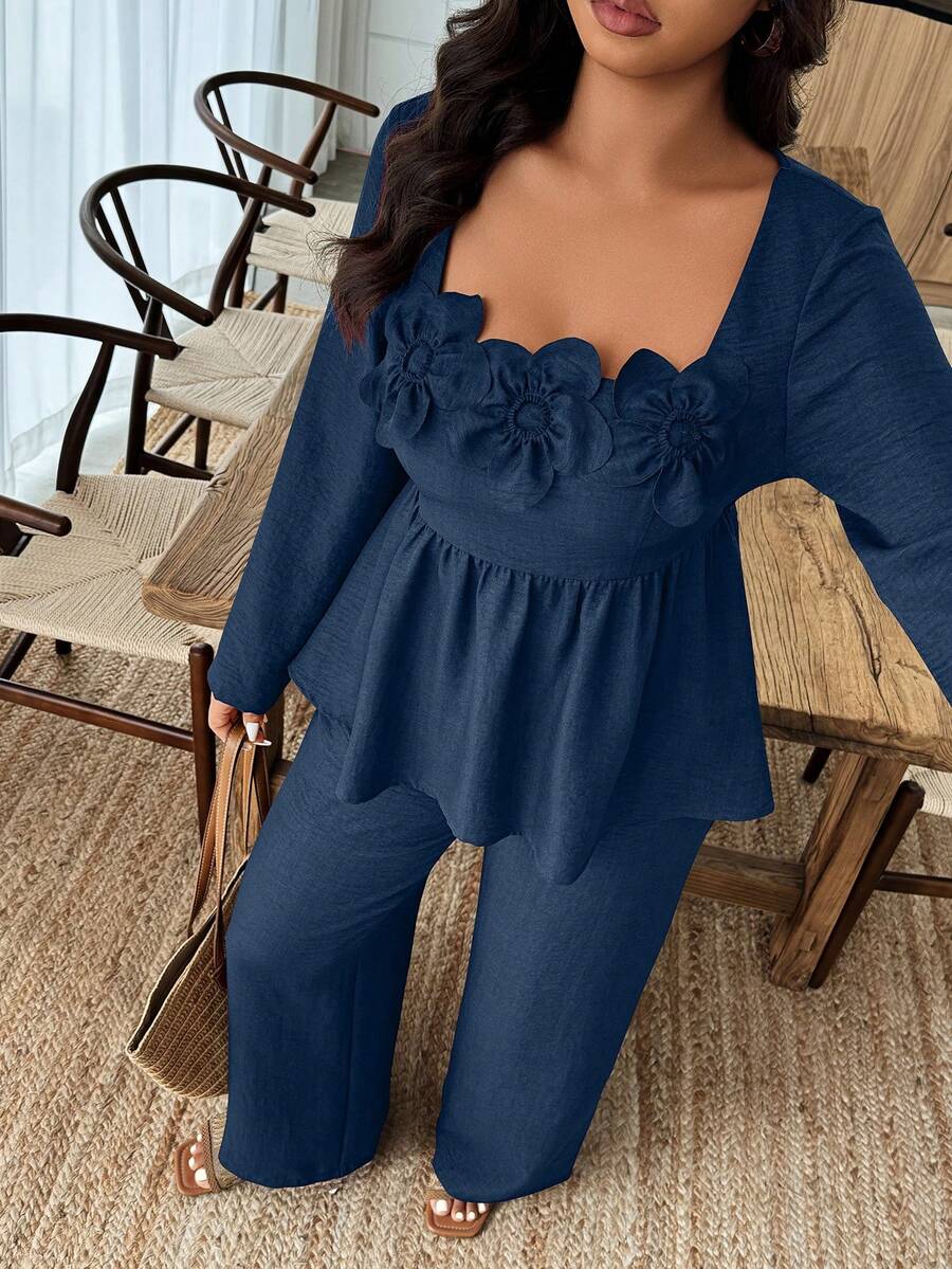 Breezaya 2pcs Plus Size Women Square Neck Ruffle Hem Floral Decor Long Sleeve Top And Pants Set Fall/Winter