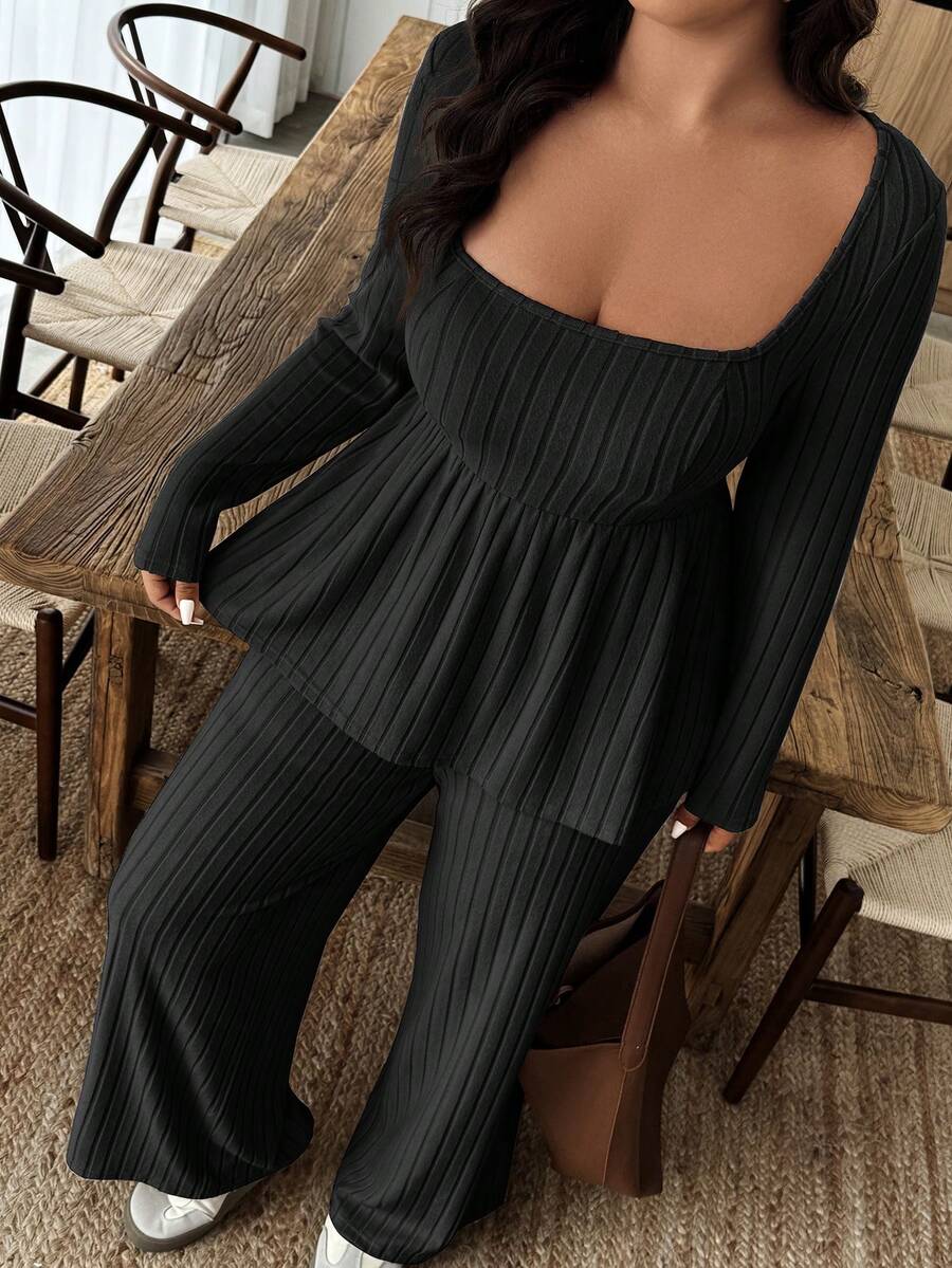 Weeklong Women Plus Size Plush Fabric Loose Collar Top, Warm Casual 2 Pieces Set, Autumn/Winter Fall