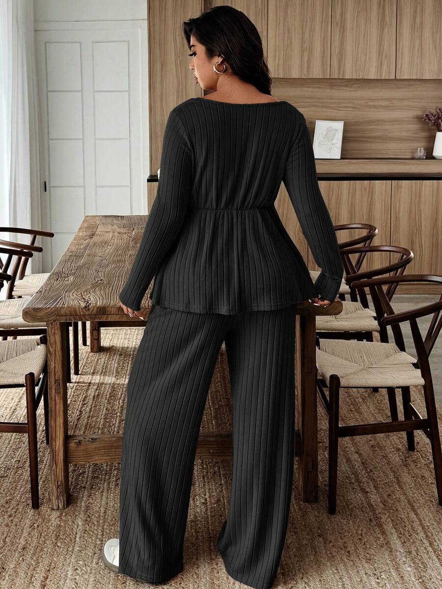 Weeklong Women Plus Size Plush Fabric Loose Collar Top, Warm Casual 2 Pieces Set, Autumn/Winter Fall