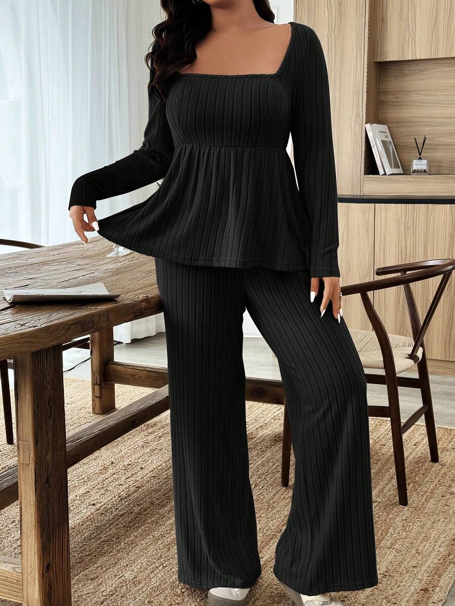 Weeklong Women Plus Size Plush Fabric Loose Collar Top, Warm Casual 2 Pieces Set, Autumn/Winter Fall