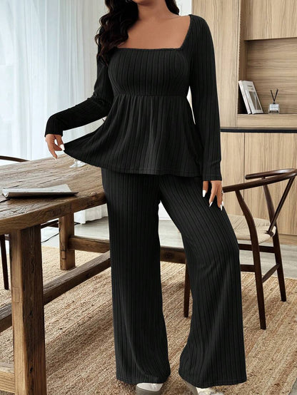 Weeklong Women Plus Size Plush Fabric Loose Collar Top, Warm Casual 2 Pieces Set, Autumn/Winter Fall