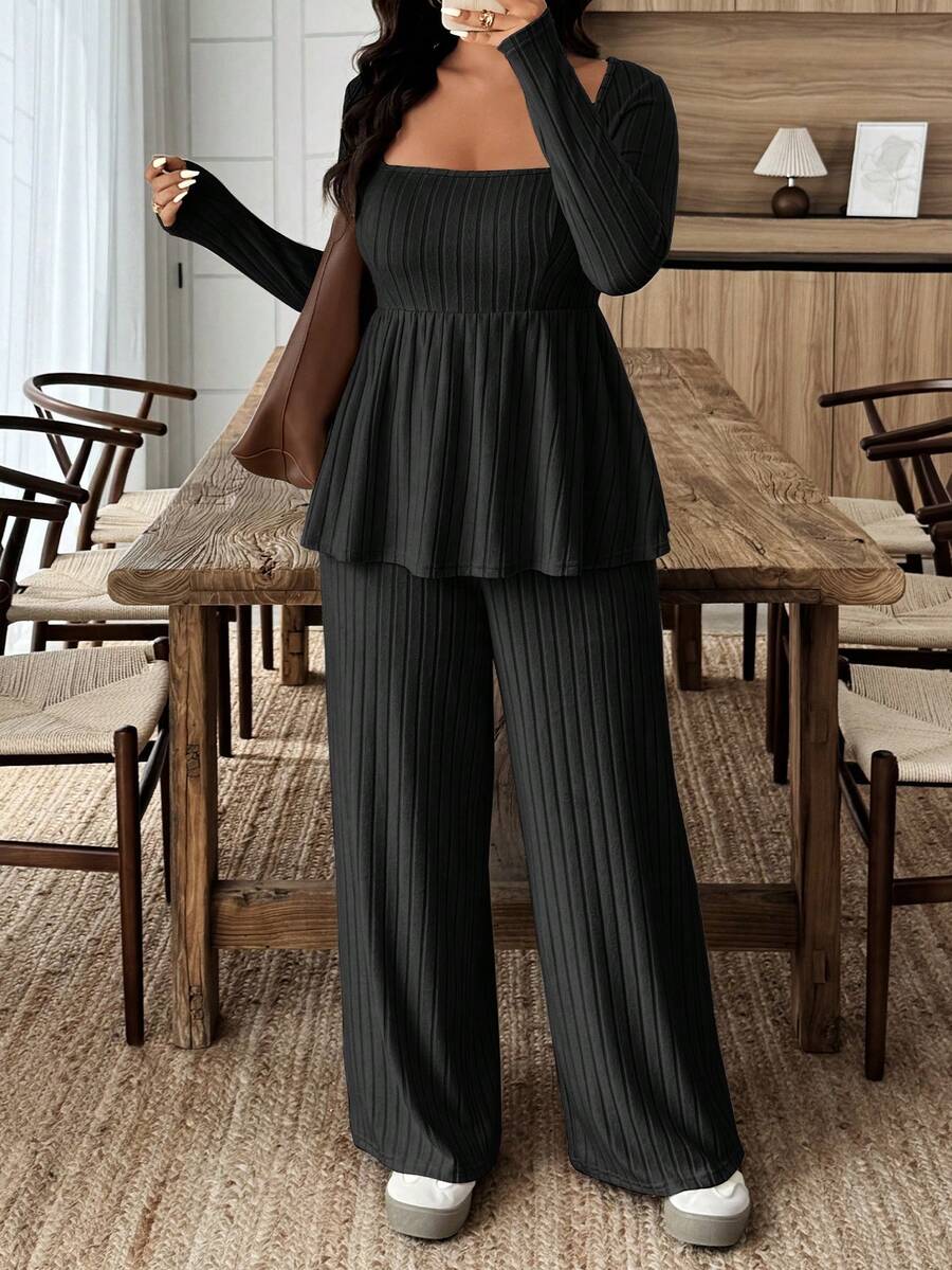 Weeklong Women Plus Size Plush Fabric Loose Collar Top, Warm Casual 2 Pieces Set, Autumn/Winter Fall