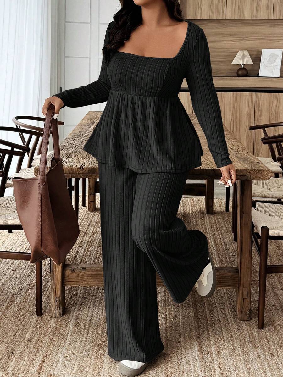 Weeklong Women Plus Size Plush Fabric Loose Collar Top, Warm Casual 2 Pieces Set, Autumn/Winter Fall