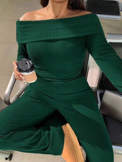 SHEIN EZwear Plus Size Woman Off Shoulder Ribbed 2 Pieces Set,Winter Long Sleeve Pants Sets,Christmas Lounge Set,Burgundy,Autumn,Smart Casual,Everyday Comfortable