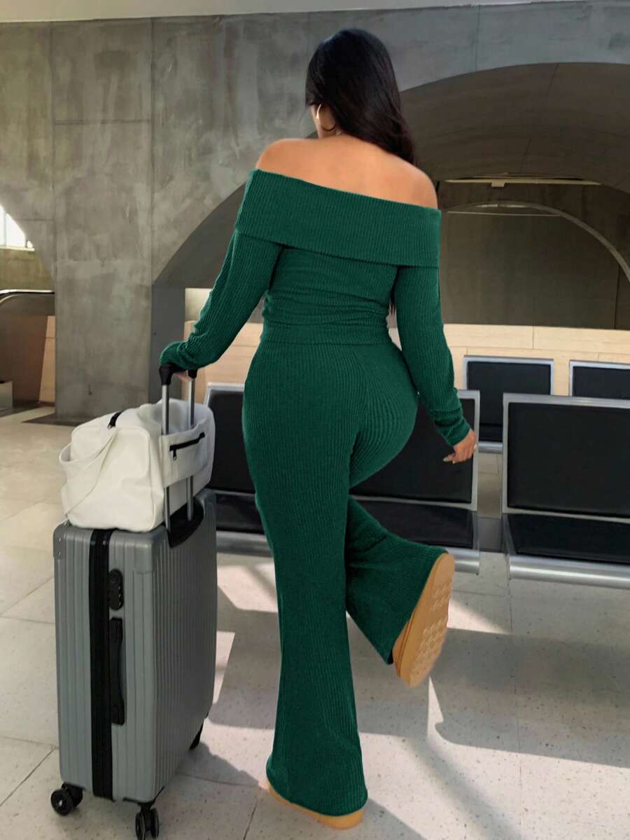 SHEIN EZwear Plus Size Woman Off Shoulder Ribbed 2 Pieces Set,Winter Long Sleeve Pants Sets,Christmas Lounge Set,Burgundy,Autumn,Smart Casual,Everyday Comfortable