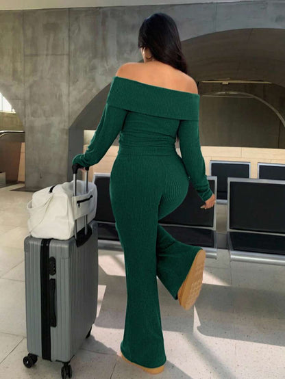 SHEIN EZwear Plus Size Woman Off Shoulder Ribbed 2 Pieces Set,Winter Long Sleeve Pants Sets,Christmas Lounge Set,Burgundy,Autumn,Smart Casual,Everyday Comfortable