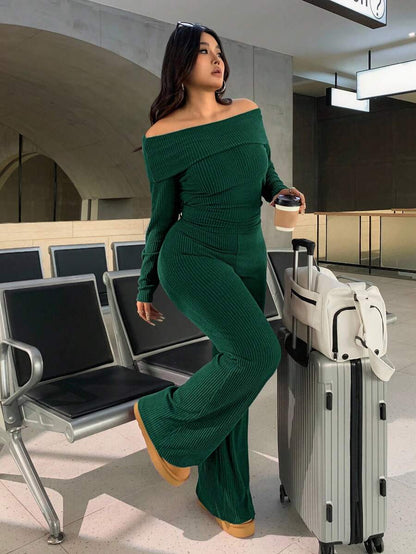 SHEIN EZwear Plus Size Woman Off Shoulder Ribbed 2 Pieces Set,Winter Long Sleeve Pants Sets,Christmas Lounge Set,Burgundy,Autumn,Smart Casual,Everyday Comfortable