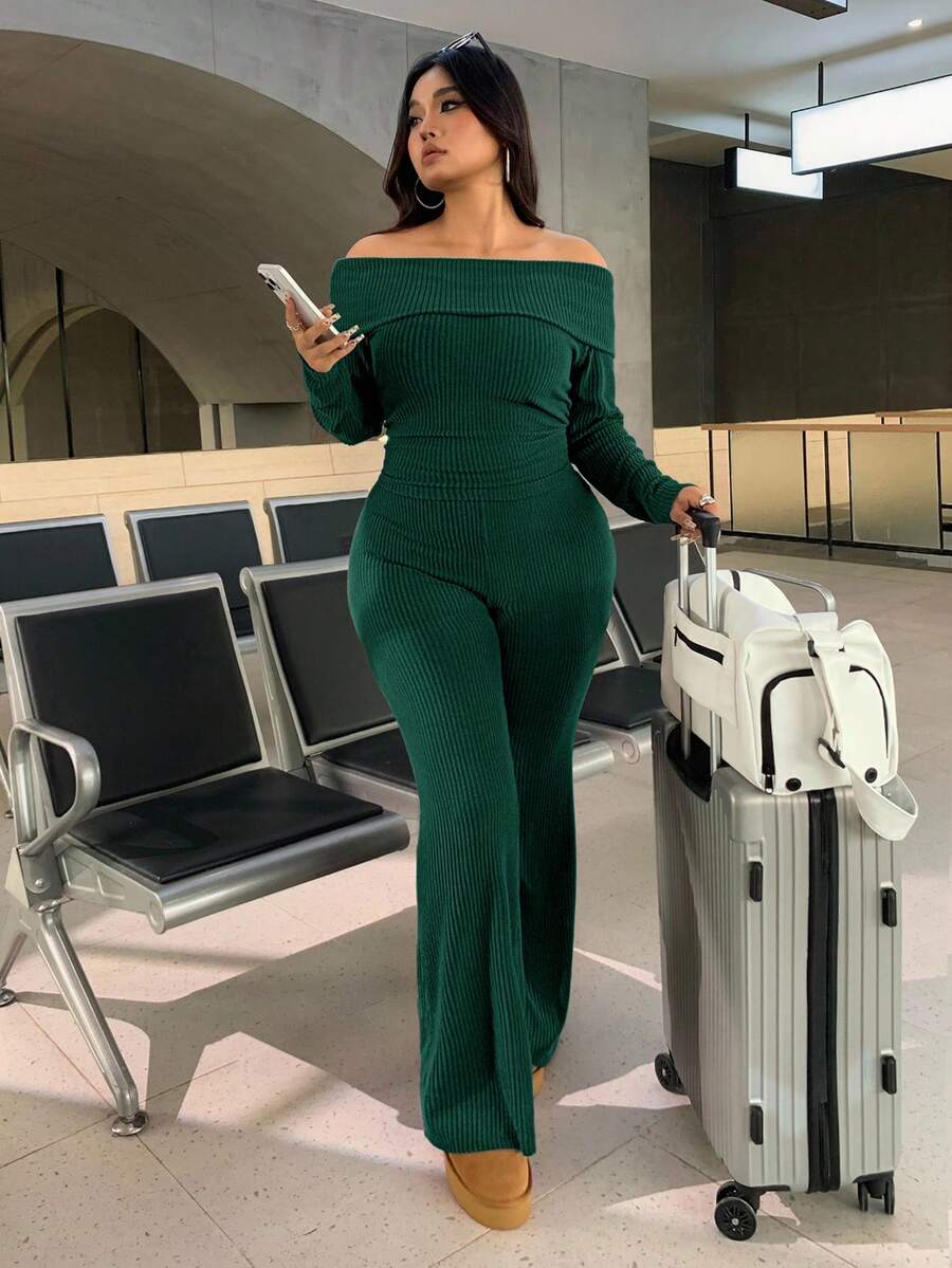 SHEIN EZwear Plus Size Woman Off Shoulder Ribbed 2 Pieces Set,Winter Long Sleeve Pants Sets,Christmas Lounge Set,Burgundy,Autumn,Smart Casual,Everyday Comfortable