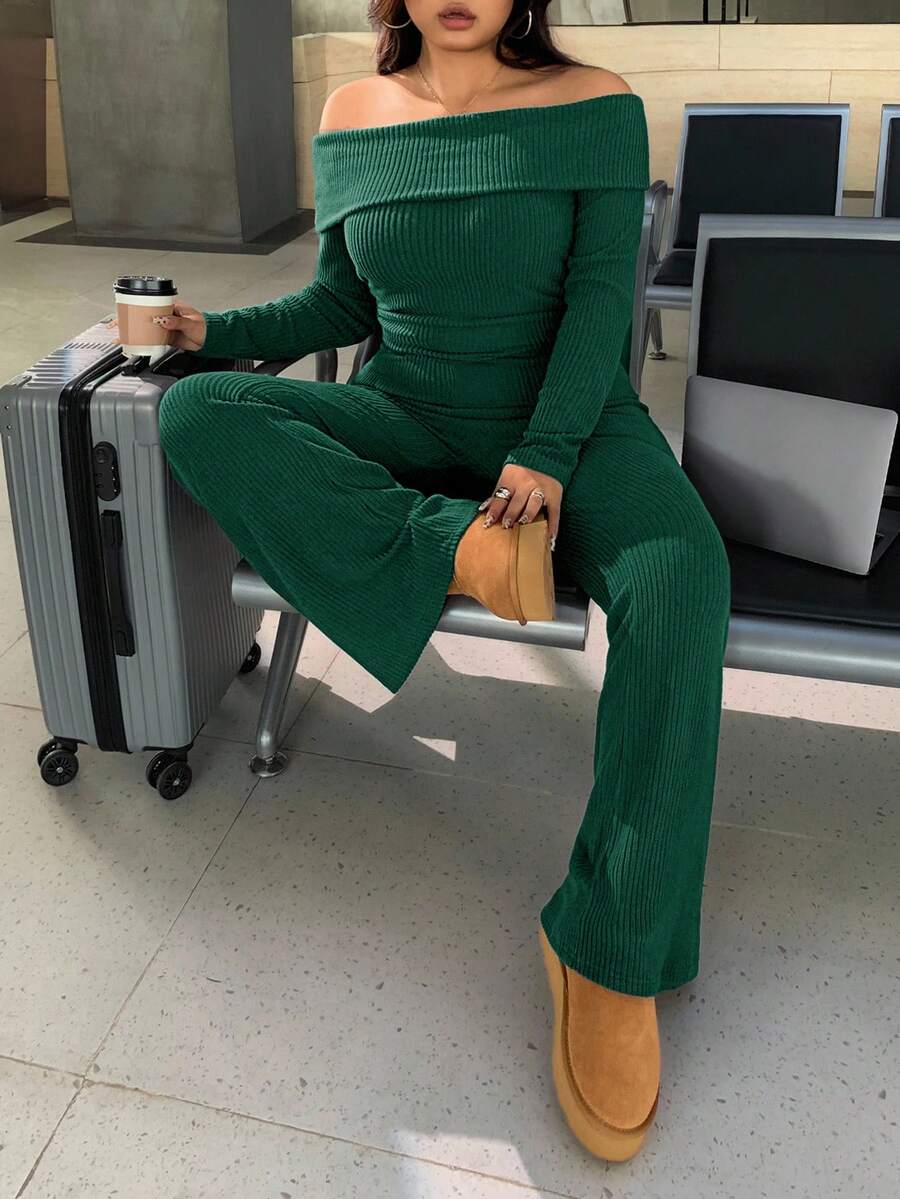 SHEIN EZwear Plus Size Woman Off Shoulder Ribbed 2 Pieces Set,Winter Long Sleeve Pants Sets,Christmas Lounge Set,Burgundy,Autumn,Smart Casual,Everyday Comfortable