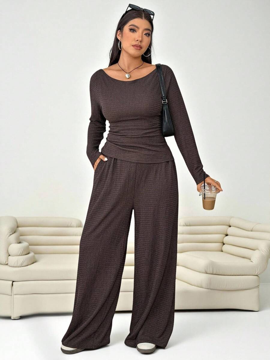 Solflare Plus Size Textured Long Sleeve Top And Loose Pants With Pockets 2 Pieces Set Fall