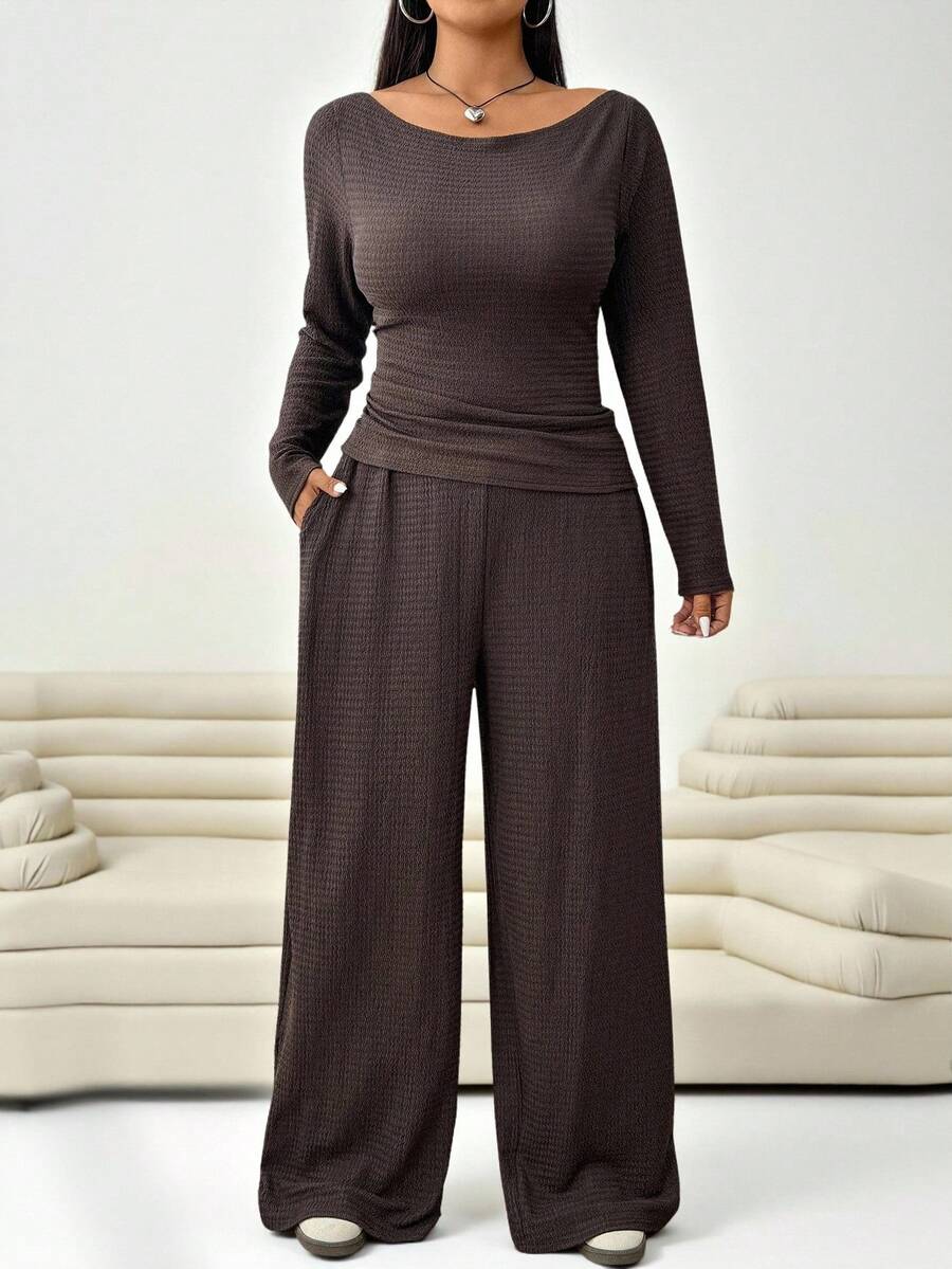 Solflare Plus Size Textured Long Sleeve Top And Loose Pants With Pockets 2 Pieces Set Fall