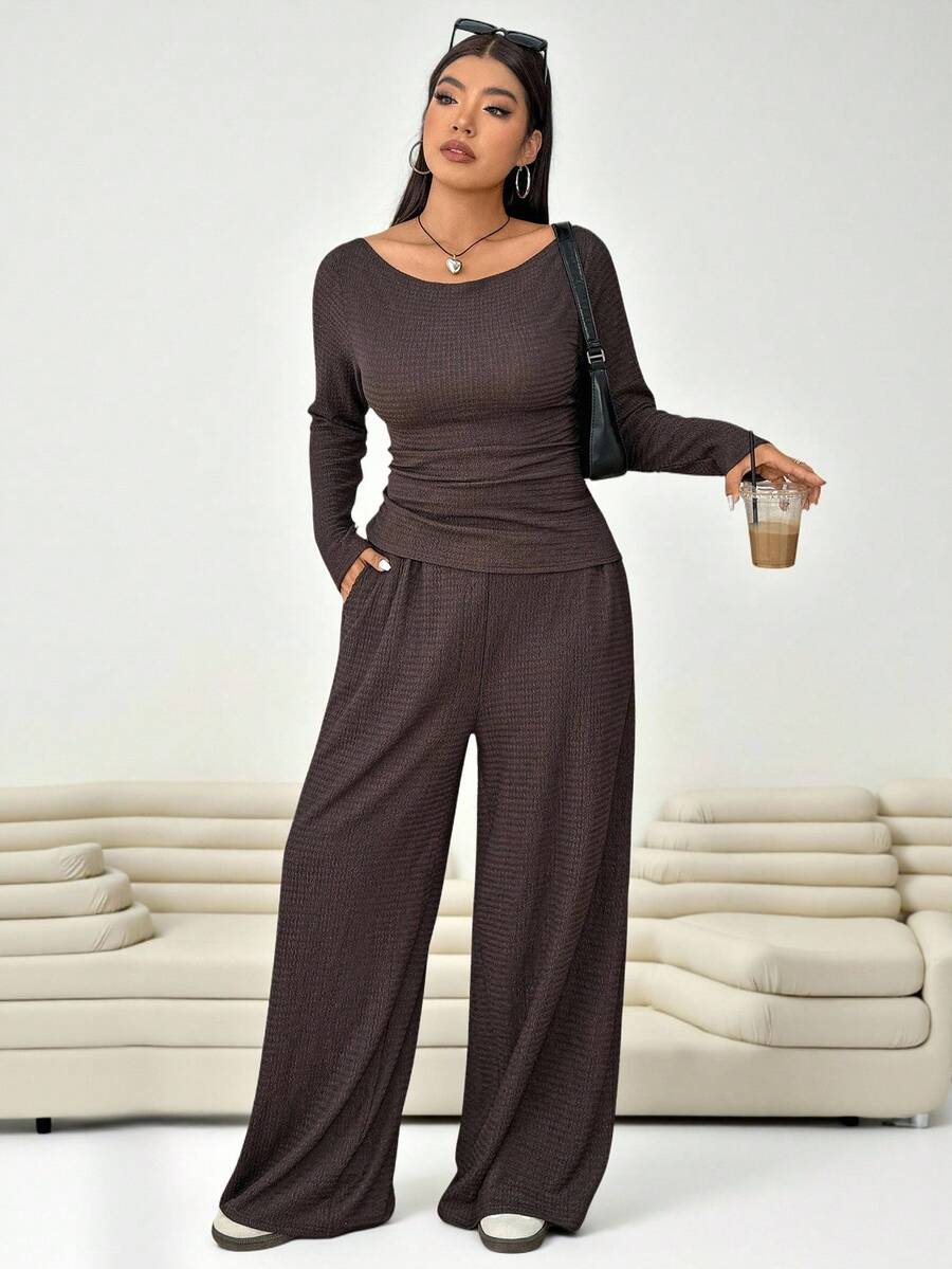 Solflare Plus Size Textured Long Sleeve Top And Loose Pants With Pockets 2 Pieces Set Fall