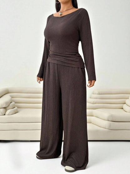 Solflare Plus Size Textured Long Sleeve Top And Loose Pants With Pockets 2 Pieces Set Fall