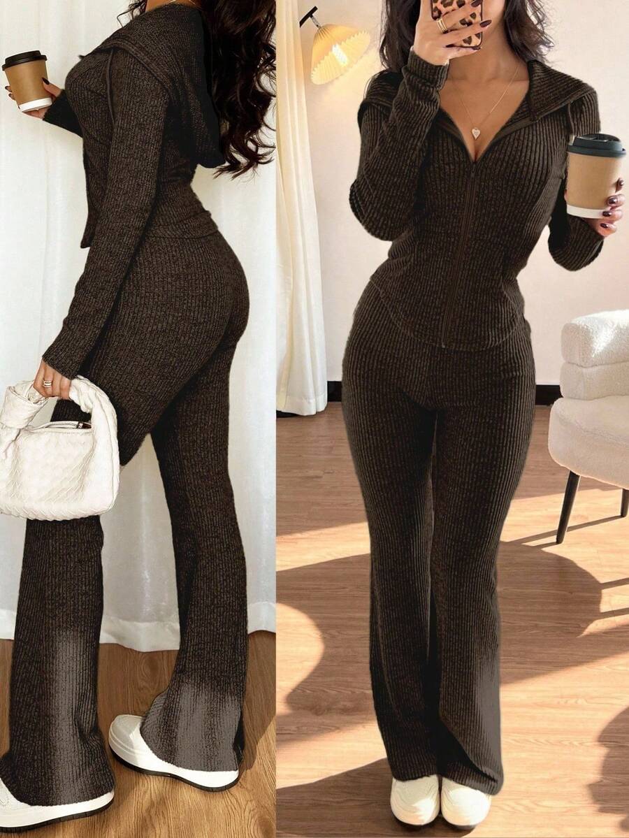 SHEIN Raffinéa Casual Hooded Cinched Waist Pocket Jacket And Flare Ribbed Knit Pants 2 Pieces Set For Women, Versatile Daily Wear, Autumn/Winter Fall Cloth For Women