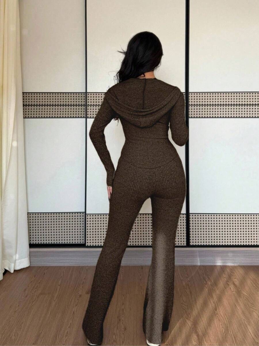 SHEIN Raffinéa Casual Hooded Cinched Waist Pocket Jacket And Flare Ribbed Knit Pants 2 Pieces Set For Women, Versatile Daily Wear, Autumn/Winter Fall Cloth For Women