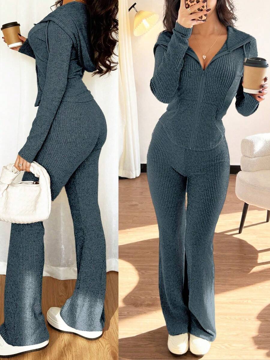 SHEIN Raffinéa Casual Hooded Cinched Waist Pocket Jacket And Flare Ribbed Knit Pants 2 Pieces Set For Women, Versatile Daily Wear, Autumn/Winter Fall Cloth For Women