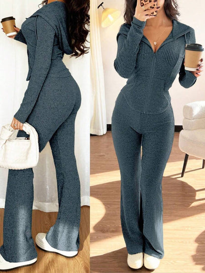 SHEIN Raffinéa Casual Hooded Cinched Waist Pocket Jacket And Flare Ribbed Knit Pants 2 Pieces Set For Women, Versatile Daily Wear, Autumn/Winter Fall Cloth For Women