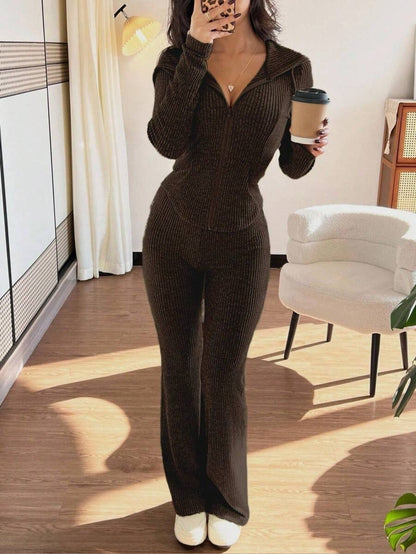SHEIN Raffinéa Casual Hooded Cinched Waist Pocket Jacket And Flare Ribbed Knit Pants 2 Pieces Set For Women, Versatile Daily Wear, Autumn/Winter Fall Cloth For Women