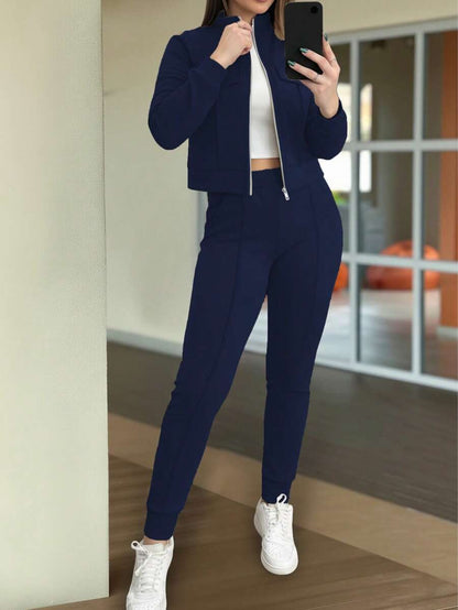 2pcs Women Set In Spring/Autumn/Winter, Minimal Solid Color Versatile Zip Up Short Jacket Tops With Elastic Waist Pocket Skinny Pants Casual Elegant