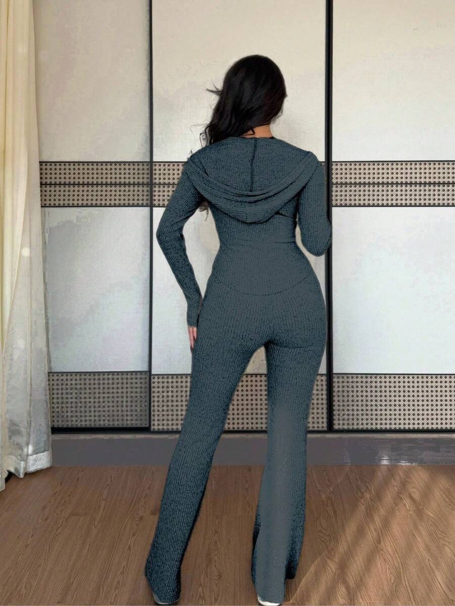 SHEIN Raffinéa Casual Hooded Cinched Waist Pocket Jacket And Flare Ribbed Knit Pants 2 Pieces Set For Women, Versatile Daily Wear, Autumn/Winter Fall Cloth For Women