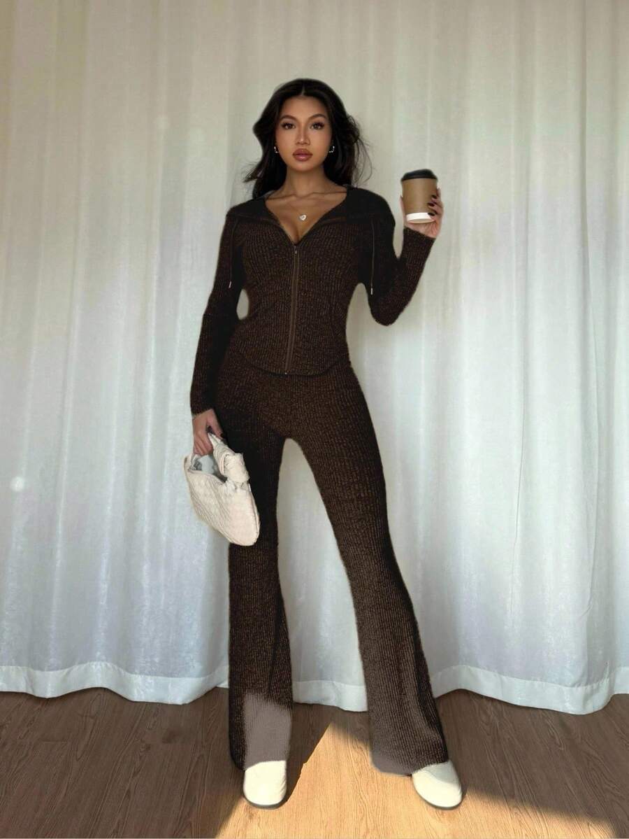 SHEIN Raffinéa Casual Hooded Cinched Waist Pocket Jacket And Flare Ribbed Knit Pants 2 Pieces Set For Women, Versatile Daily Wear, Autumn/Winter Fall Cloth For Women