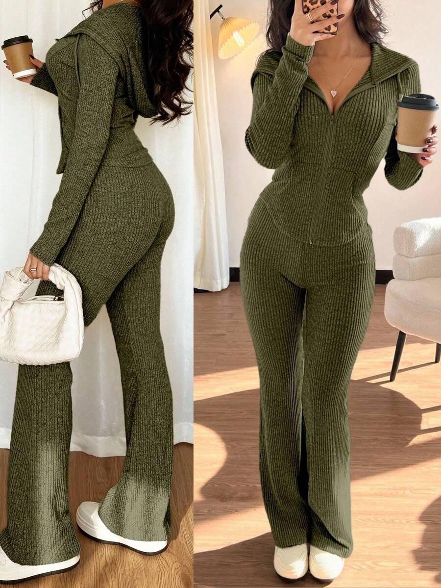 SHEIN Raffinéa Casual Hooded Cinched Waist Pocket Jacket And Flare Ribbed Knit Pants 2 Pieces Set For Women, Versatile Daily Wear, Autumn/Winter Fall Cloth For Women