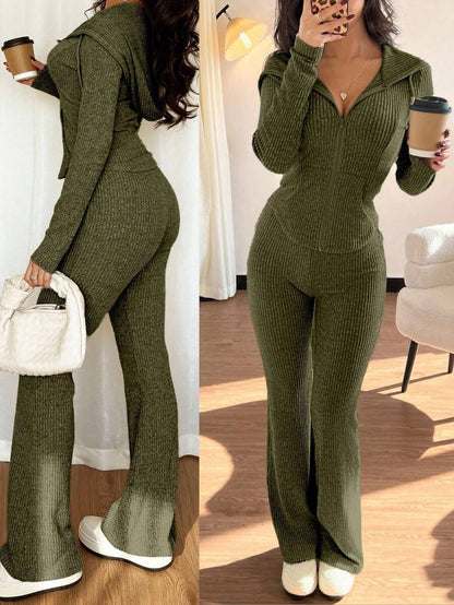 SHEIN Raffinéa Casual Hooded Cinched Waist Pocket Jacket And Flare Ribbed Knit Pants 2 Pieces Set For Women, Versatile Daily Wear, Autumn/Winter Fall Cloth For Women