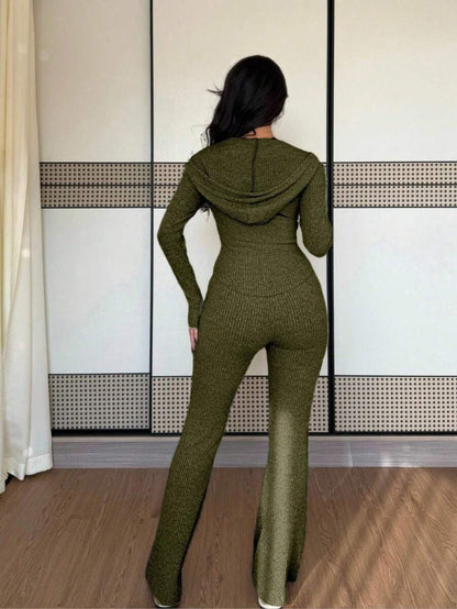 SHEIN Raffinéa Casual Hooded Cinched Waist Pocket Jacket And Flare Ribbed Knit Pants 2 Pieces Set For Women, Versatile Daily Wear, Autumn/Winter Fall Cloth For Women