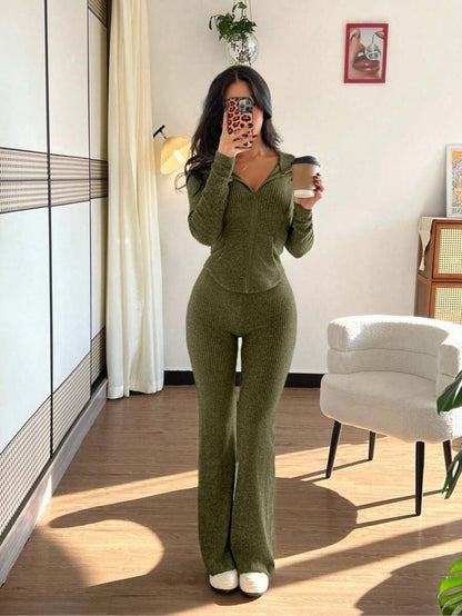 SHEIN Raffinéa Casual Hooded Cinched Waist Pocket Jacket And Flare Ribbed Knit Pants 2 Pieces Set For Women, Versatile Daily Wear, Autumn/Winter Fall Cloth For Women