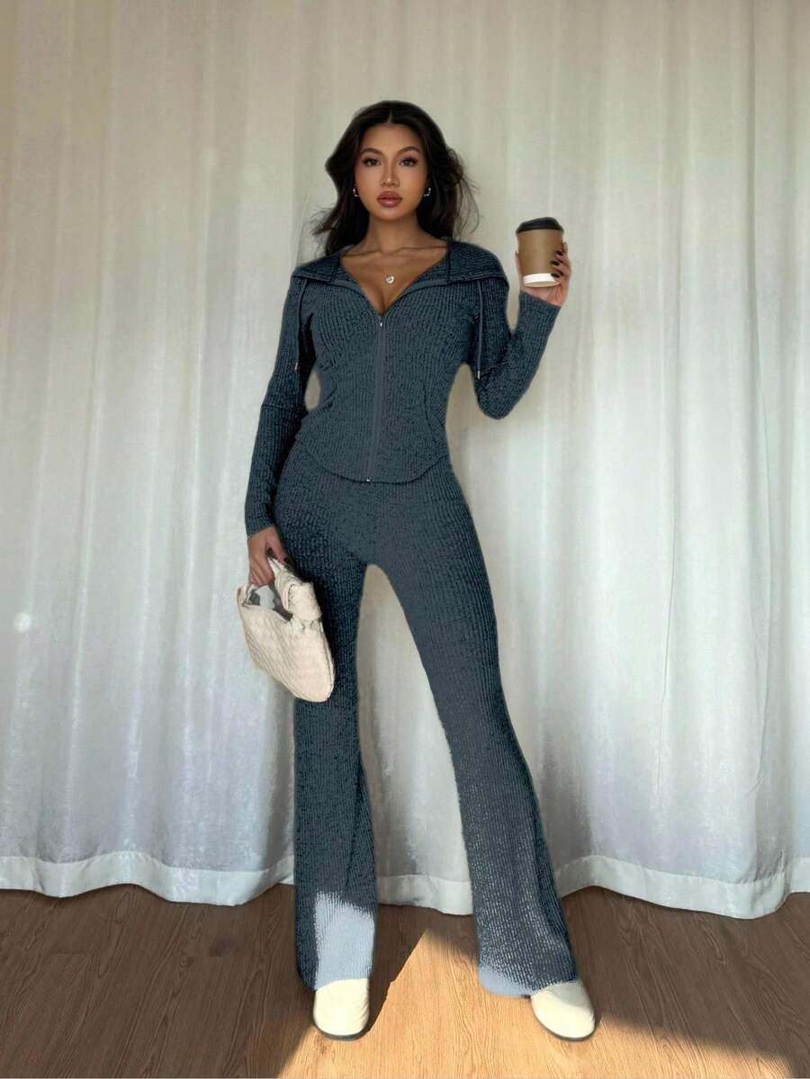 SHEIN Raffinéa Casual Hooded Cinched Waist Pocket Jacket And Flare Ribbed Knit Pants 2 Pieces Set For Women, Versatile Daily Wear, Autumn/Winter Fall Cloth For Women