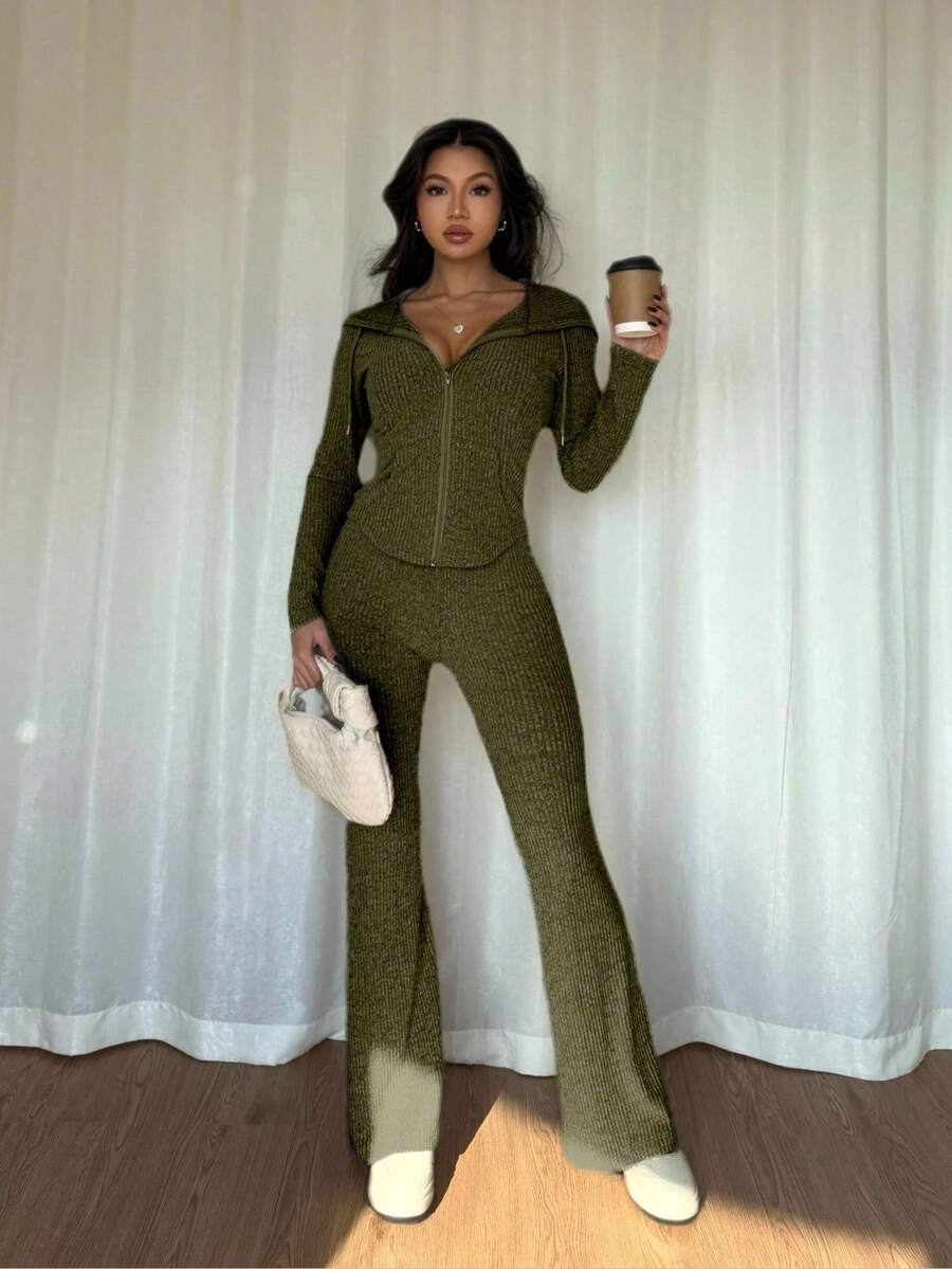 SHEIN Raffinéa Casual Hooded Cinched Waist Pocket Jacket And Flare Ribbed Knit Pants 2 Pieces Set For Women, Versatile Daily Wear, Autumn/Winter Fall Cloth For Women