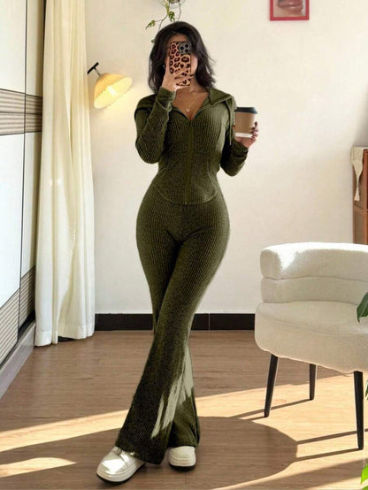SHEIN Raffinéa Casual Hooded Cinched Waist Pocket Jacket And Flare Ribbed Knit Pants 2 Pieces Set For Women, Versatile Daily Wear, Autumn/Winter Fall Cloth For Women