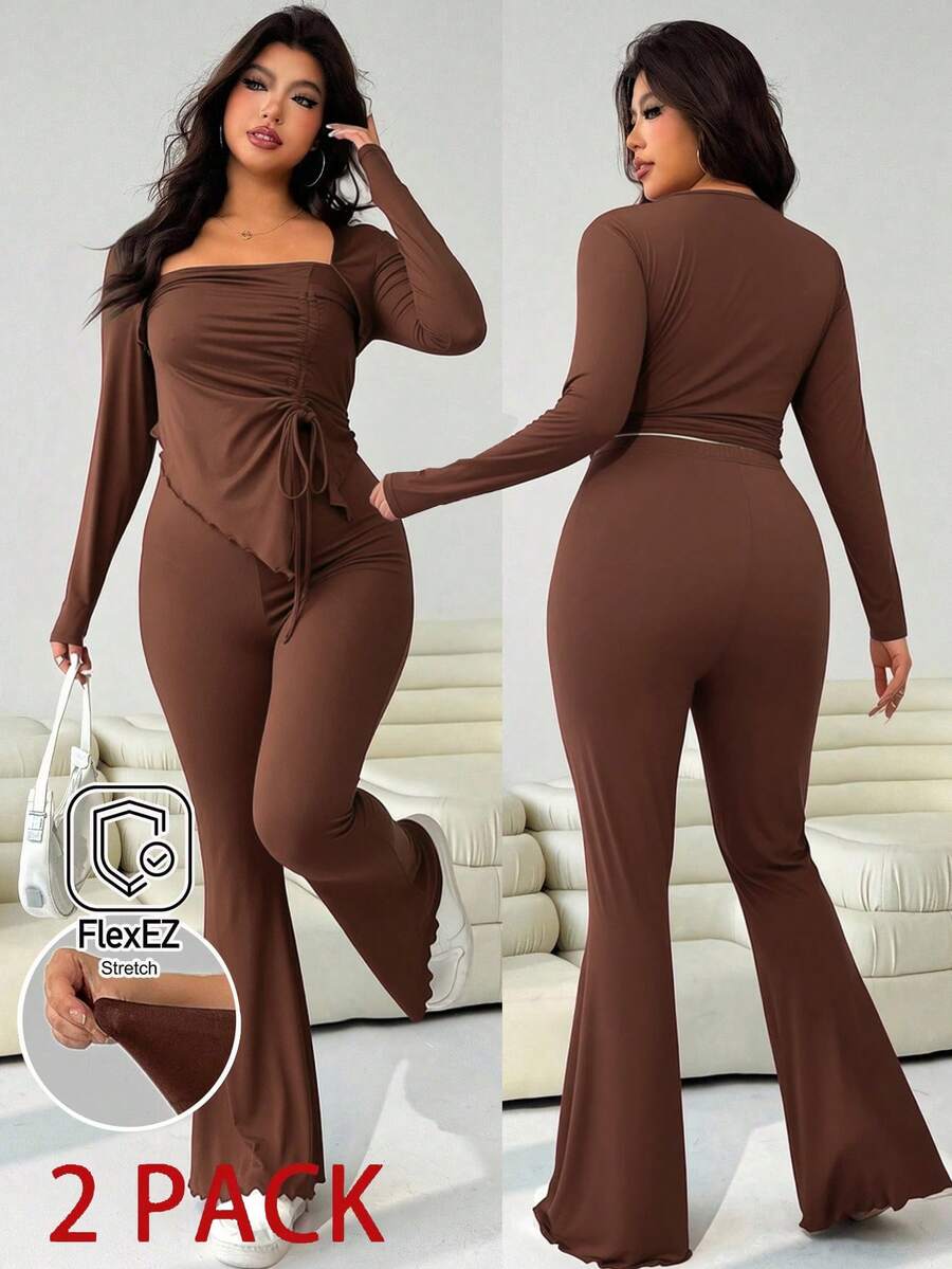 GalTyme Plus Size Women's Casual Asymmetrical Hem Tie Top And Flared Leg Pants Set Fall
