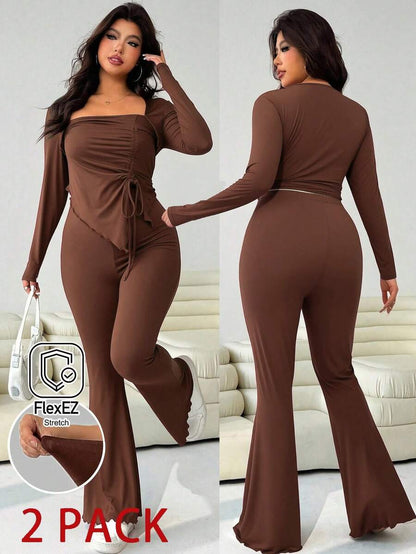 GalTyme Plus Size Women's Casual Asymmetrical Hem Tie Top And Flared Leg Pants Set Fall