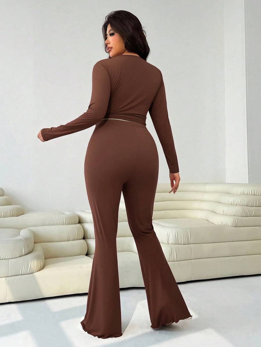 GalTyme Plus Size Women's Casual Asymmetrical Hem Tie Top And Flared Leg Pants Set Fall