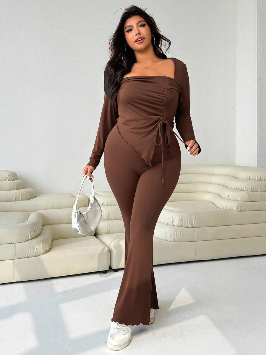 GalTyme Plus Size Women's Casual Asymmetrical Hem Tie Top And Flared Leg Pants Set Fall