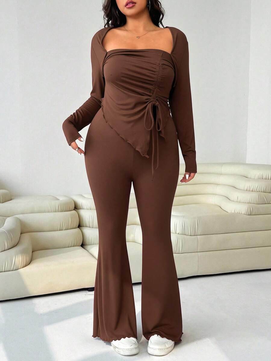 GalTyme Plus Size Women's Casual Asymmetrical Hem Tie Top And Flared Leg Pants Set Fall