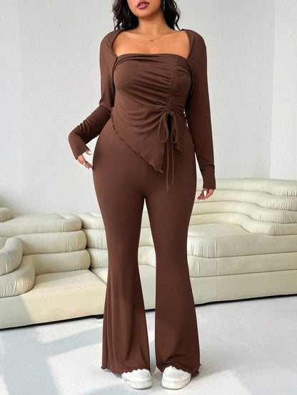 GalTyme Plus Size Women's Casual Asymmetrical Hem Tie Top And Flared Leg Pants Set Fall