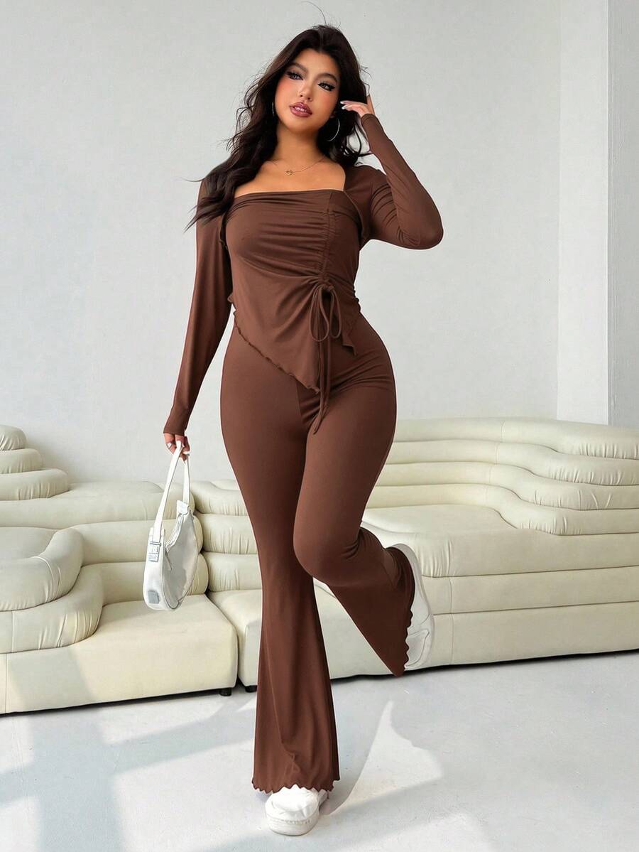 GalTyme Plus Size Women's Casual Asymmetrical Hem Tie Top And Flared Leg Pants Set Fall