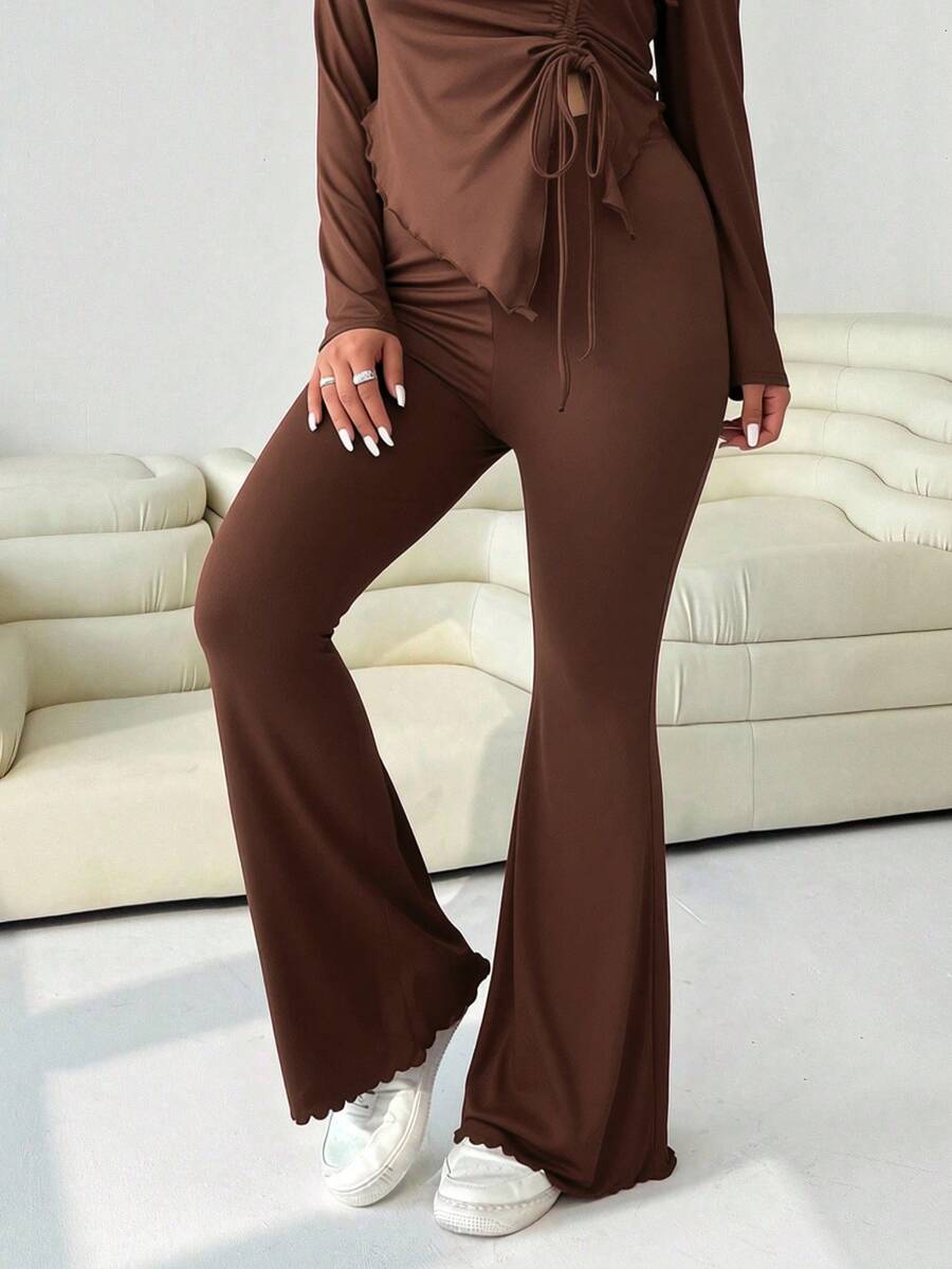 GalTyme Plus Size Women's Casual Asymmetrical Hem Tie Top And Flared Leg Pants Set Fall