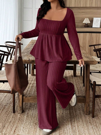 Weeklong Women Plus Size Plush Fabric Loose Collar Top, Warm Casual 2 Pieces Set, Autumn/Winter Fall