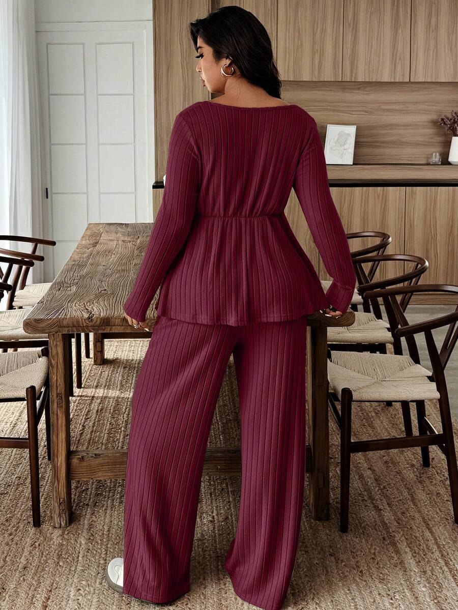 Weeklong Women Plus Size Plush Fabric Loose Collar Top, Warm Casual 2 Pieces Set, Autumn/Winter Fall