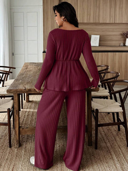 Weeklong Women Plus Size Plush Fabric Loose Collar Top, Warm Casual 2 Pieces Set, Autumn/Winter Fall
